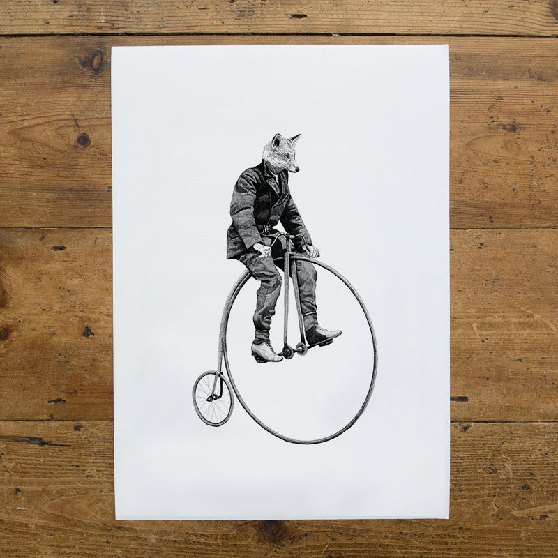 Mr Fox - cycling Fox with penny farthing print A3 Version - Reduced to clear