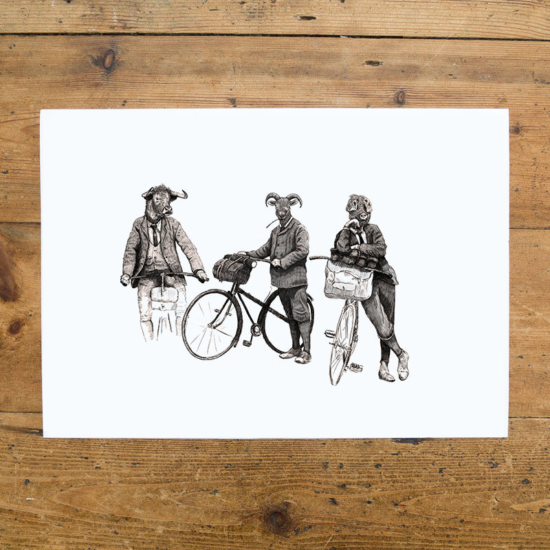 Road Trip - cycling animals with vintage bikes print - Reduced to clear