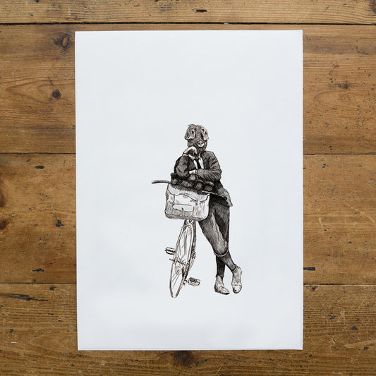 Wilbur - cycling pig print - Black and White version A3 - Reduced to clear